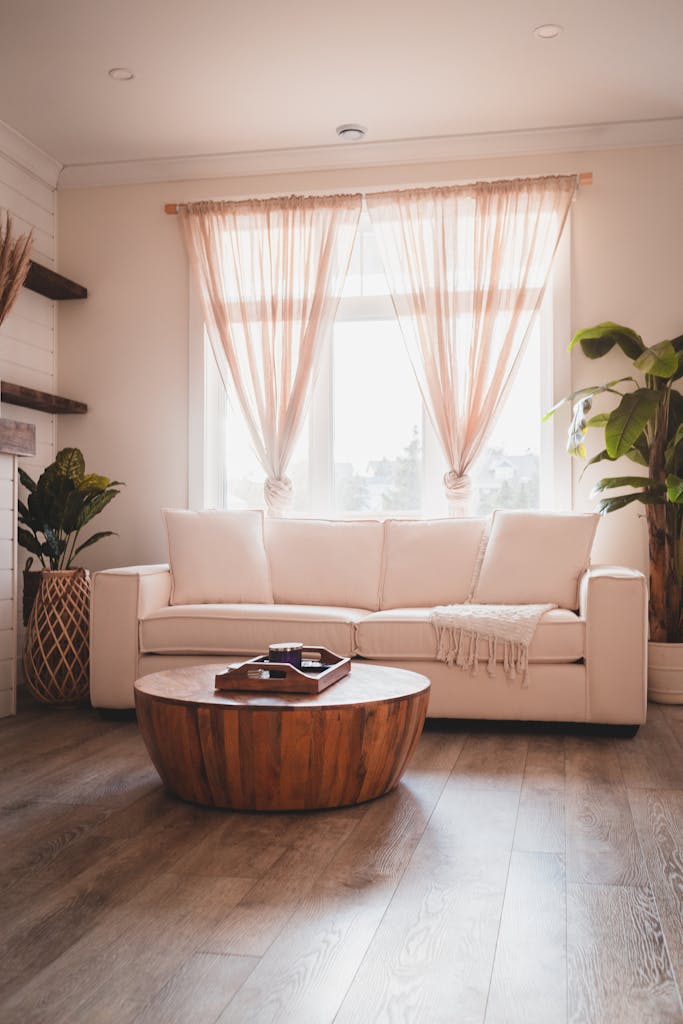 Living room with couch and plants against table near windowwith laminate floorin